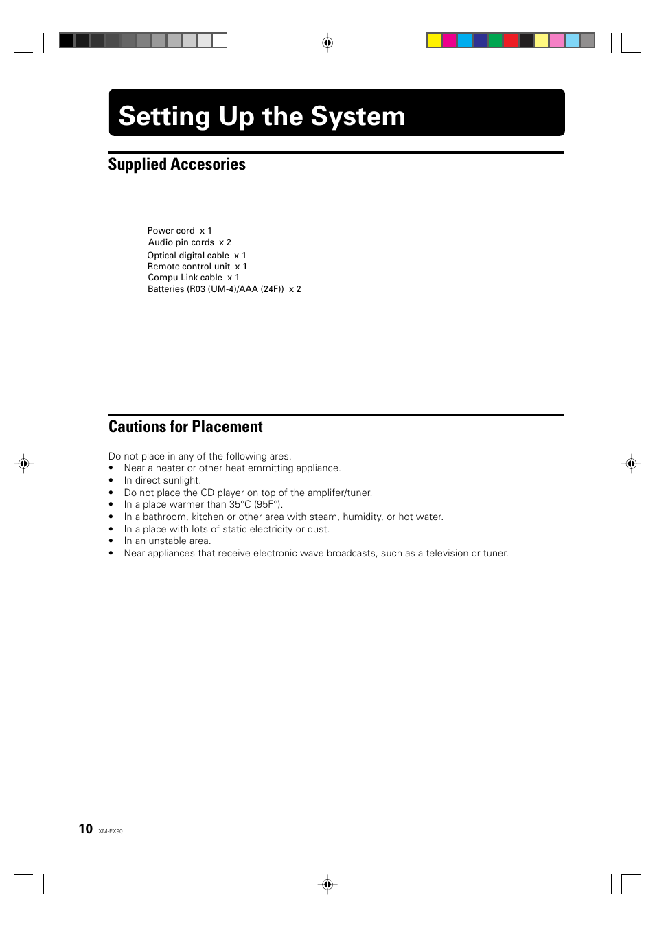 Setting up the system, Supplied accesories, Cautions for placement | JVC XM-EX90 User Manual | Page 10 / 60