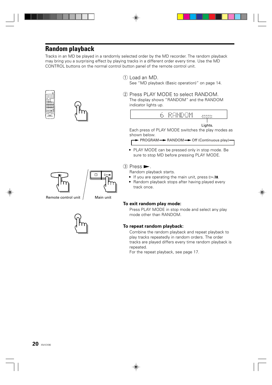 Random playback, 1 load an md, 2 press play mode to select random | 3 press | JVC XM-EX90 User Manual | Page 20 / 60