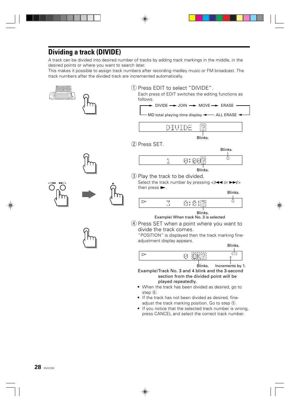 Dividing a track (divide), English deutsch français, Press edit to select “divide | Press set, Play the track to be divided | JVC XM-EX90 User Manual | Page 28 / 60