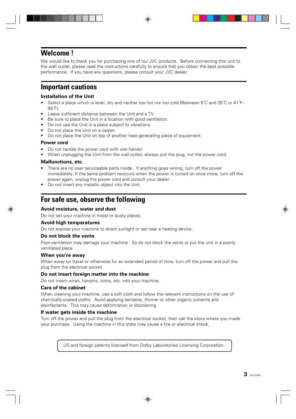 Welcome, Important cautions, For safe use, observe the following | JVC XM-EX90 User Manual | Page 3 / 60