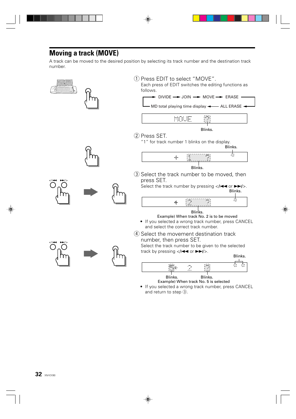 Moving a track (move), English deutsch français, Press edit to select “move | Press set | JVC XM-EX90 User Manual | Page 32 / 60