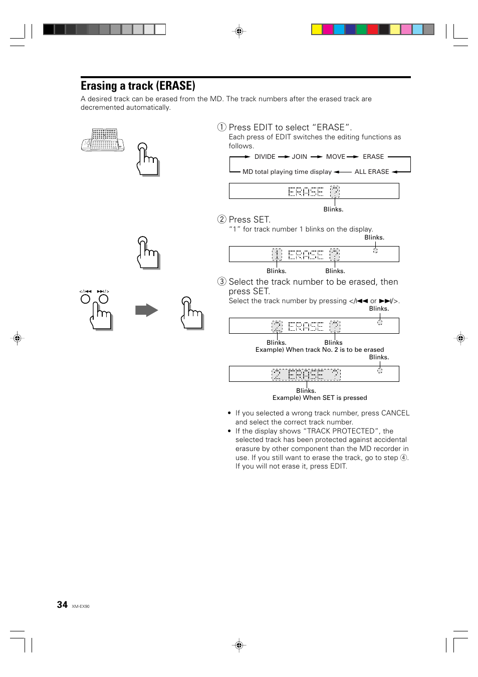 Erasing a track (erase), English deutsch français, Press edit to select “erase | Press set | JVC XM-EX90 User Manual | Page 34 / 60