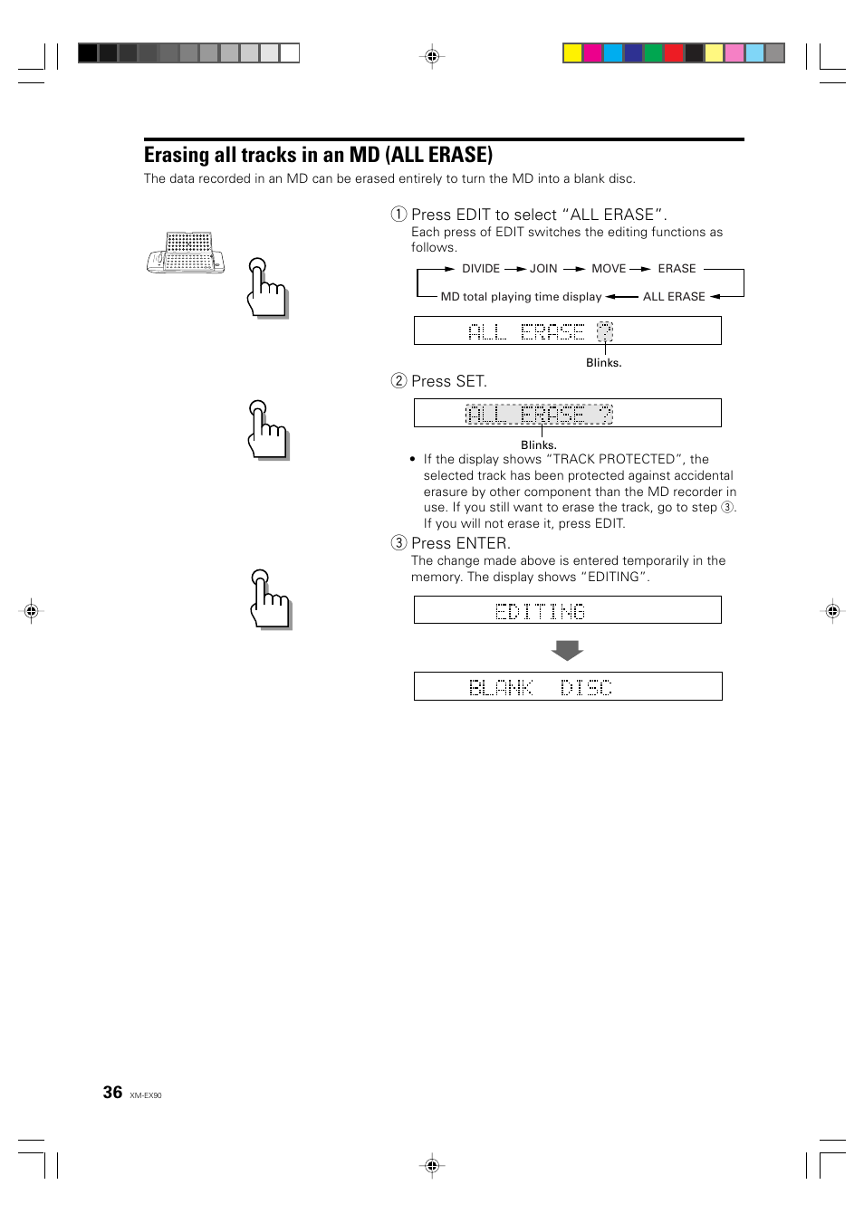 Erasing all tracks in an md (all erase), English deutsch français | JVC XM-EX90 User Manual | Page 36 / 60