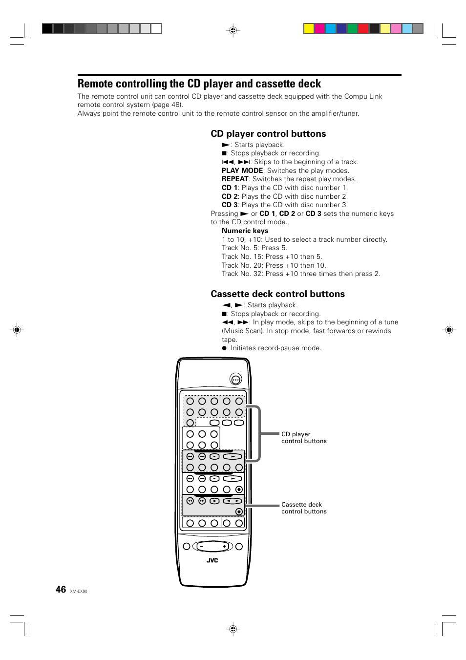 Remote controlling the cd player and cassette deck, English deutsch français, Cd player control buttons | Cassette deck control buttons | JVC XM-EX90 User Manual | Page 46 / 60