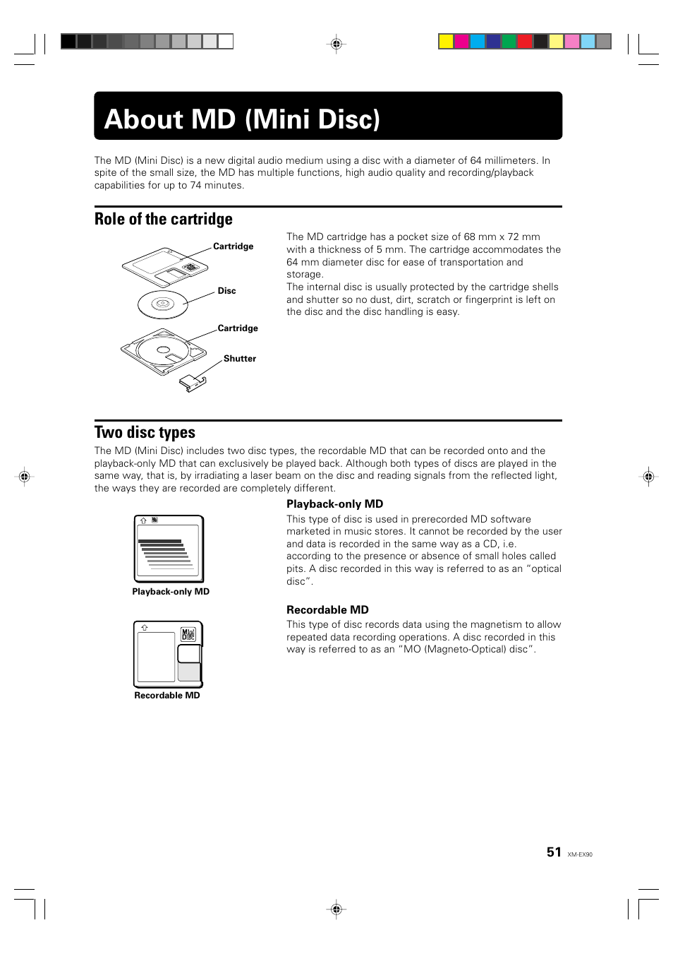 About md (mini disc), Role of the cartridge, Two disc types | English deutsch français | JVC XM-EX90 User Manual | Page 51 / 60