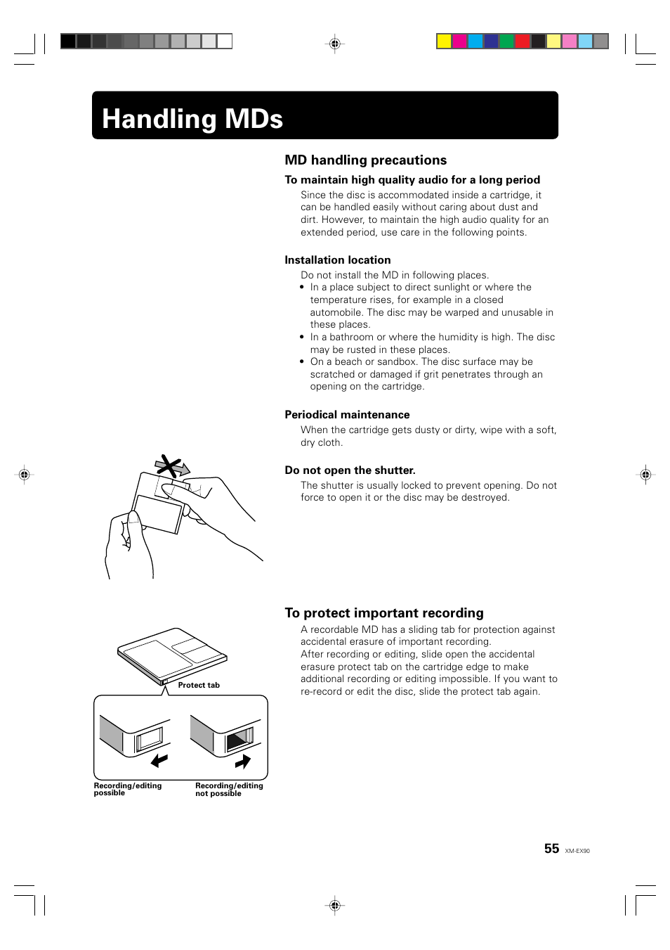 Handling mds, English deutsch français, Md handling precautions | JVC XM-EX90 User Manual | Page 55 / 60