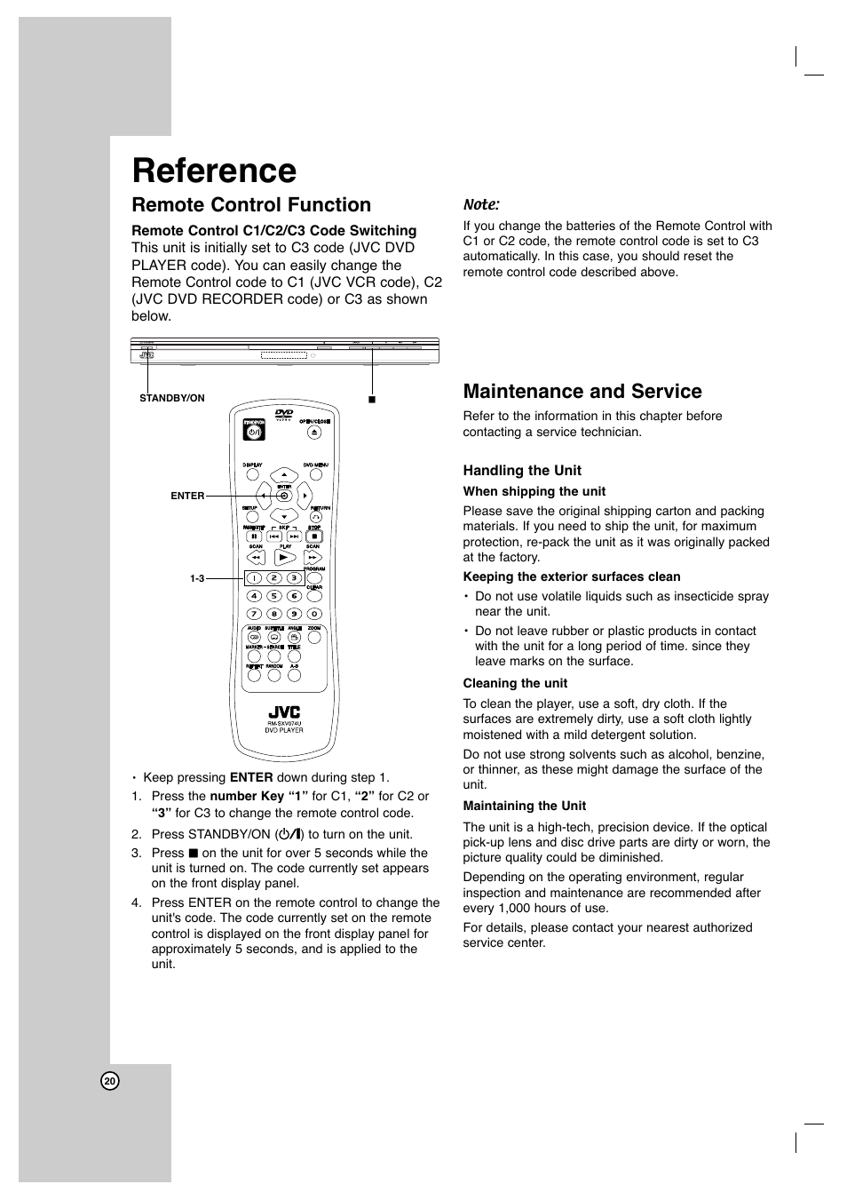 Reference, Remote control function, Maintenance and service | JVC XVN350B User Manual | Page 20 / 24