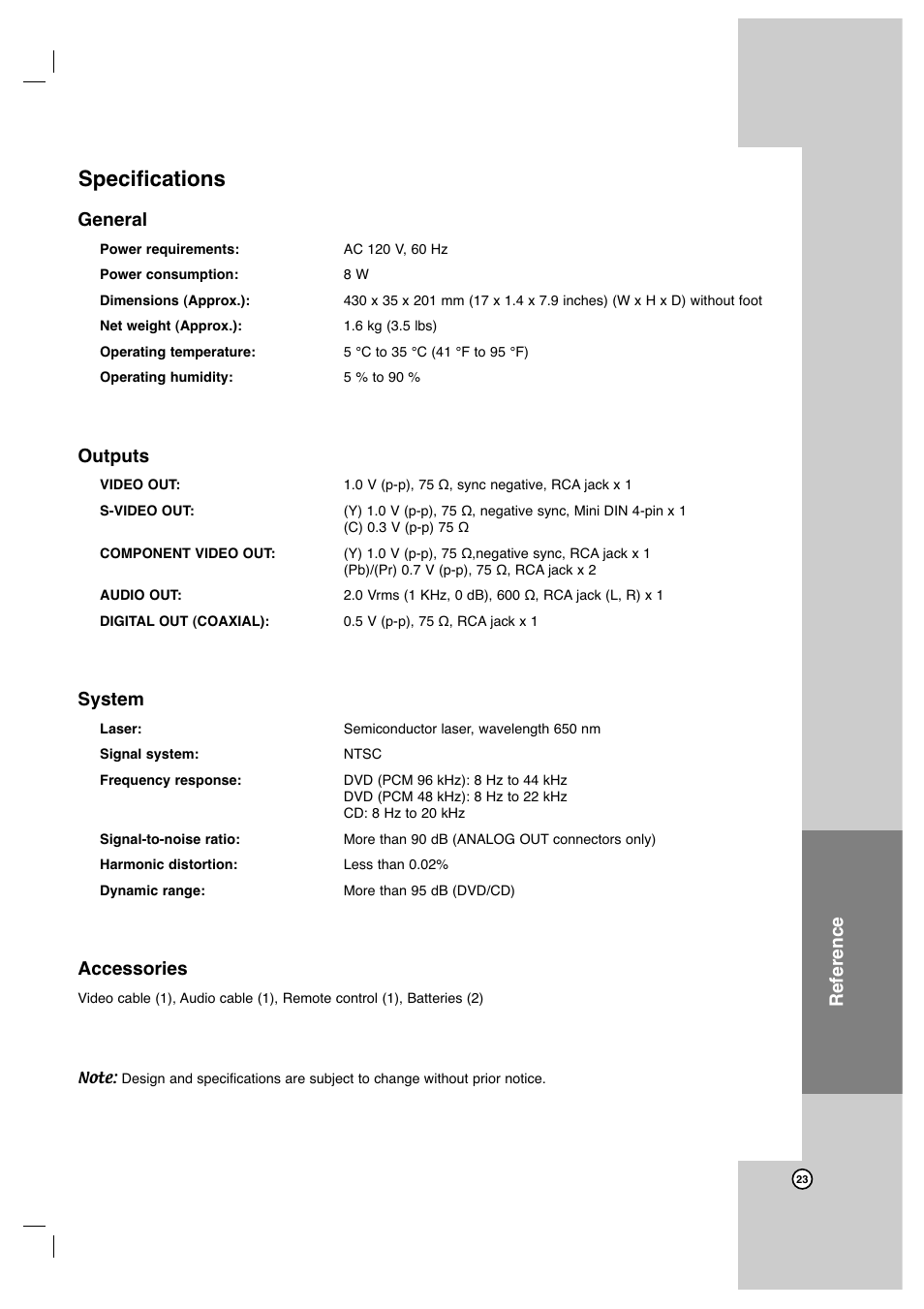 Specifications, Reference general, Outputs | System, Accessories | JVC XVN350B User Manual | Page 23 / 24