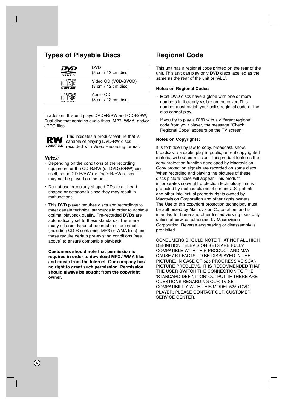 Types of playable discs, Regional code | JVC XVN350B User Manual | Page 6 / 24