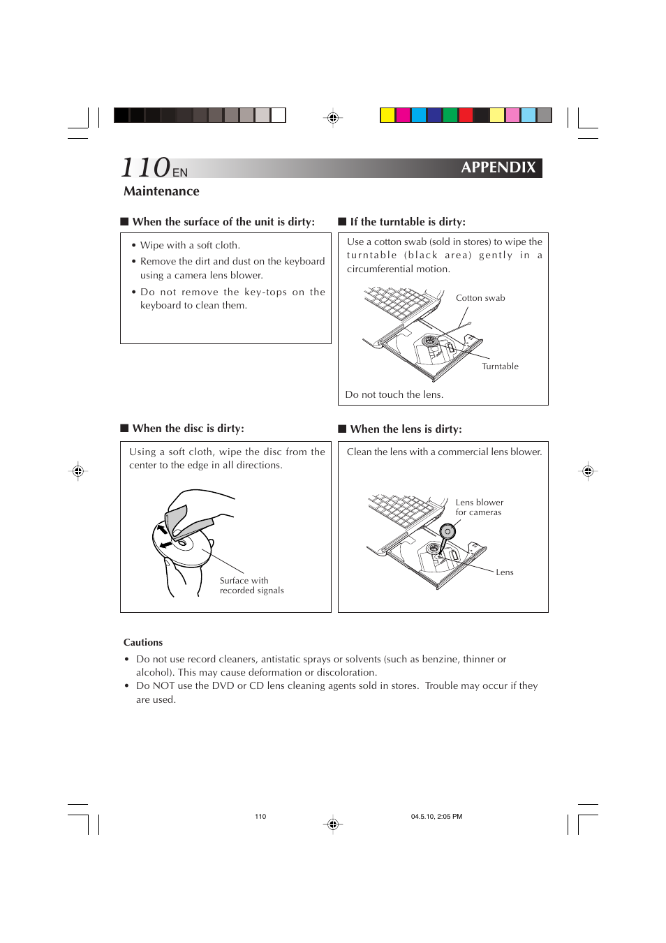 Appendix, Maintenance | JVC MP-XV841US User Manual | Page 110 / 114