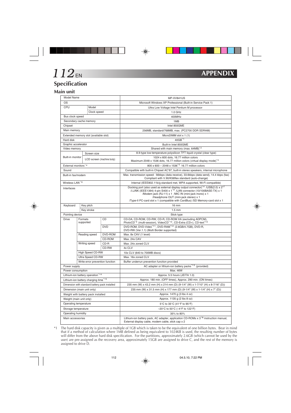 Appendix, Specification, Main unit | JVC MP-XV841US User Manual | Page 112 / 114