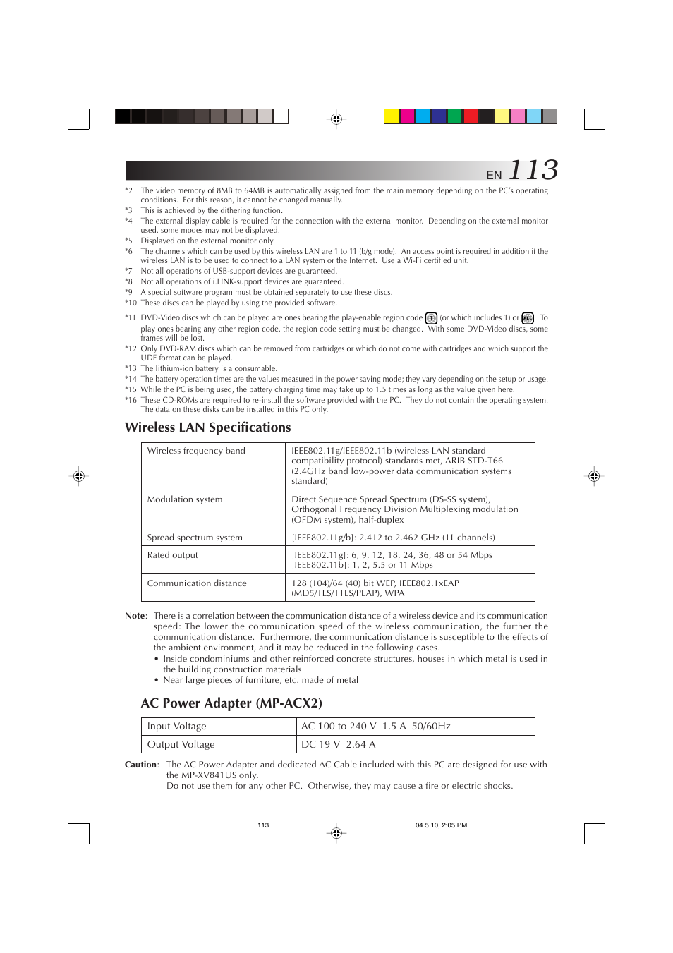 Wireless lan specifications, Ac power adapter (mp-acx2) | JVC MP-XV841US User Manual | Page 113 / 114