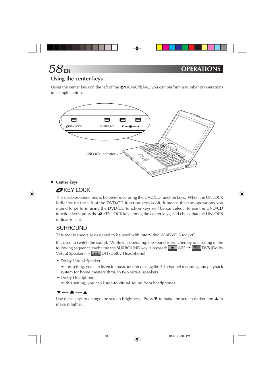 Operations, Using the center keys, Key lock | Surround | JVC MP-XV841US User Manual | Page 58 / 114