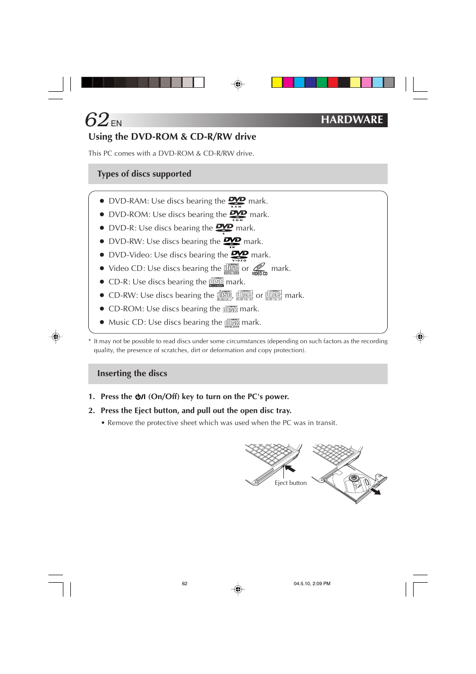 Hardware, Using the dvd-rom & cd-r/rw drive | JVC MP-XV841US User Manual | Page 62 / 114
