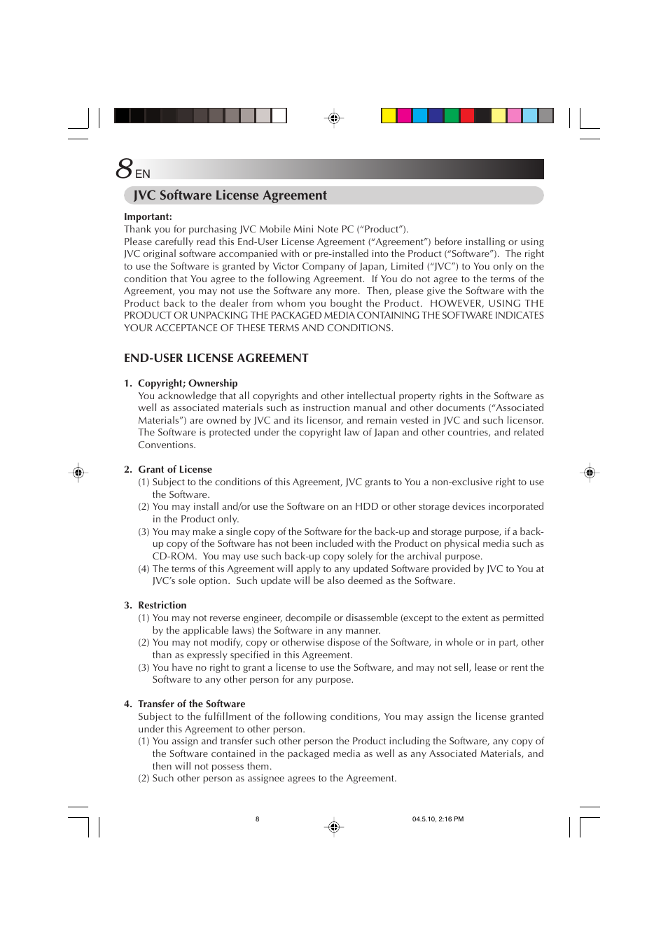 Jvc software license agreement | JVC MP-XV841US User Manual | Page 8 / 114