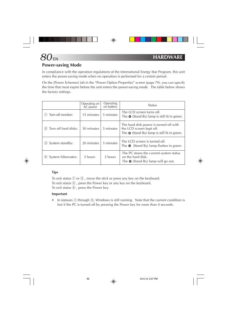 Hardware, Power-saving mode | JVC MP-XV841US User Manual | Page 80 / 114