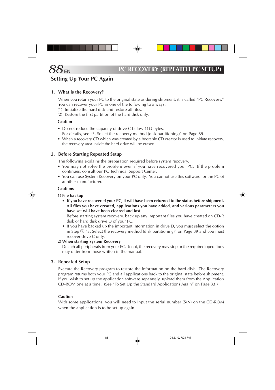 Pc recovery (repeated pc setup), Setting up your pc again | JVC MP-XV841US User Manual | Page 88 / 114