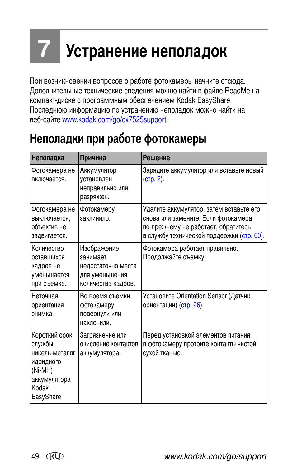 Устранение неполадок, Неполадки при работе фотокамеры | Kodak CX7525 User Manual | Page 56 / 83
