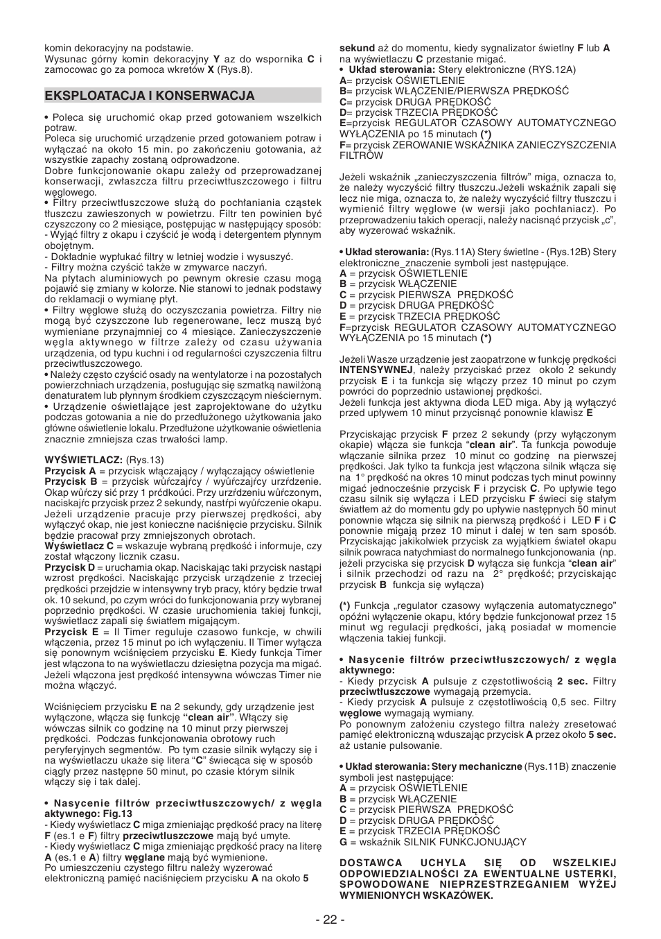Eksploatacja i konserwacja | DeLonghi KCX-AF100X User Manual | Page 22 / 32