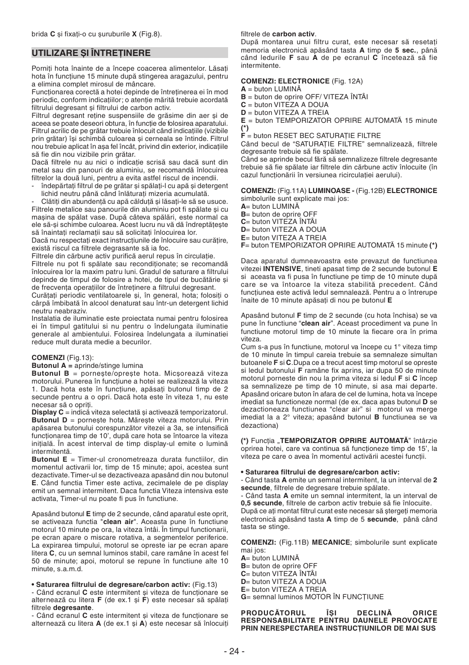 Utilizare și întreţinere | DeLonghi KCX-AF100X User Manual | Page 24 / 32