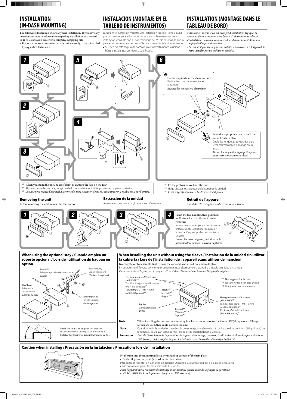 Installation (in-dash mounting), Installation (montage dans le tableau de bord), Removing the unit | Retrait de l’appareil, Extracción de la unidad | JVC GET0364-002A-NJ User Manual | Page 2 / 7