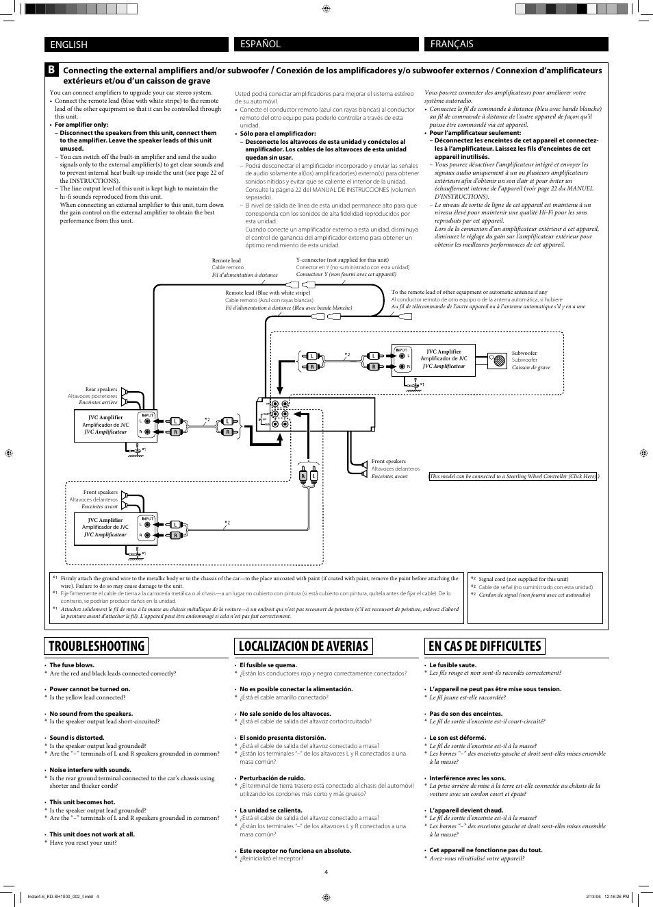 Troubleshooting, Localizacion de averias, En cas de difficultes | English français, Español | JVC GET0364-002A-NJ User Manual | Page 4 / 7