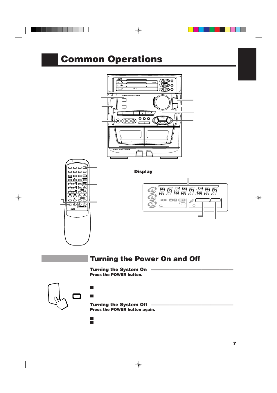 Common operations, Turning the power on and off, 7english | Display, Turning the system on, Turning the system off, Compact digital audio, Min max, Press the power button, Press the power button again | JVC CA-D501T User Manual | Page 11 / 37
