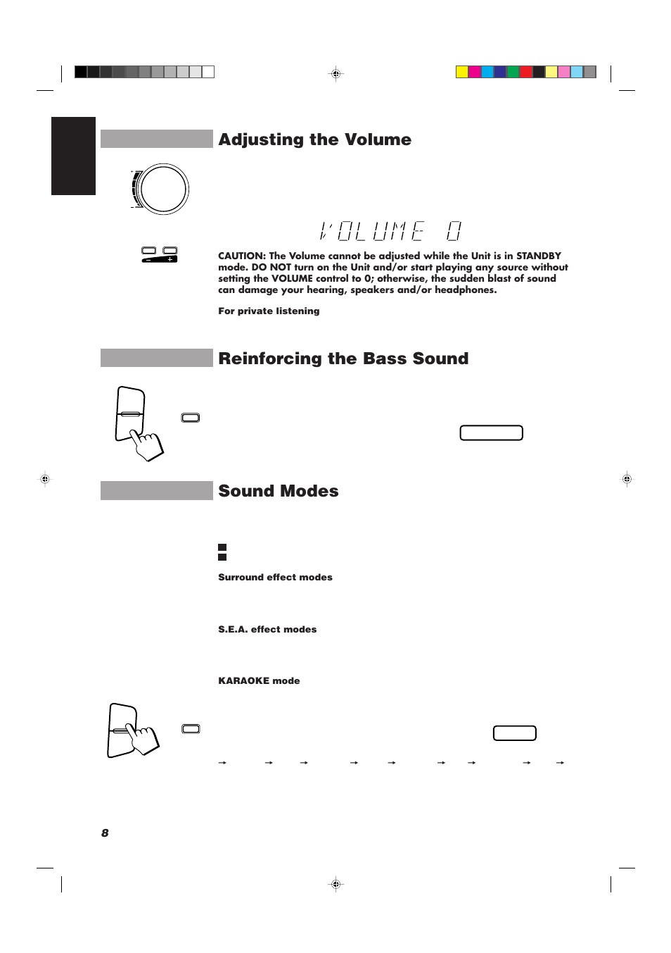 Adjusting the volume, Reinforcing the bass sound, Sound modes | 8english | JVC CA-D501T User Manual | Page 12 / 37