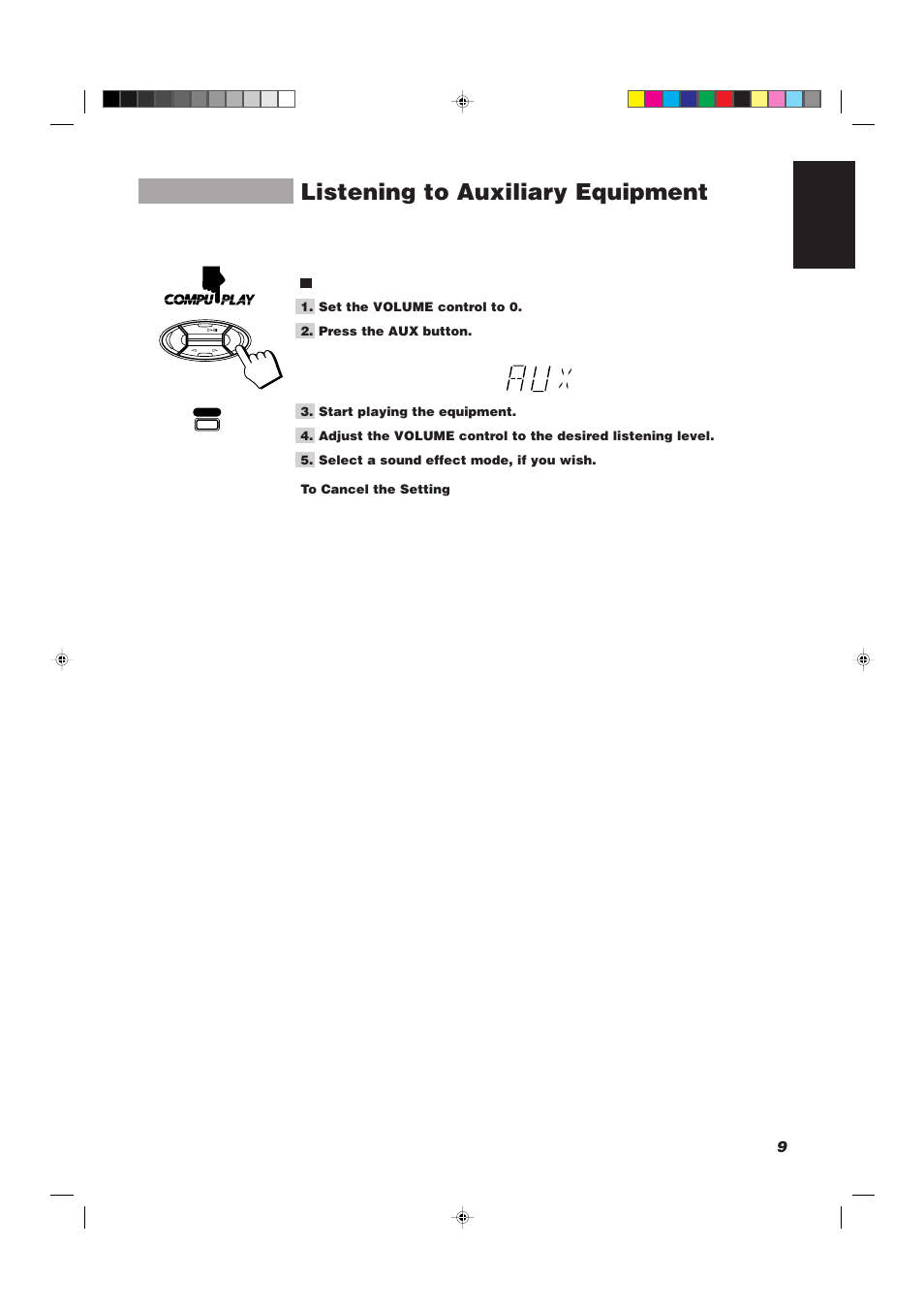 Listening to auxiliary equipment, 9english | JVC CA-D501T User Manual | Page 13 / 37
