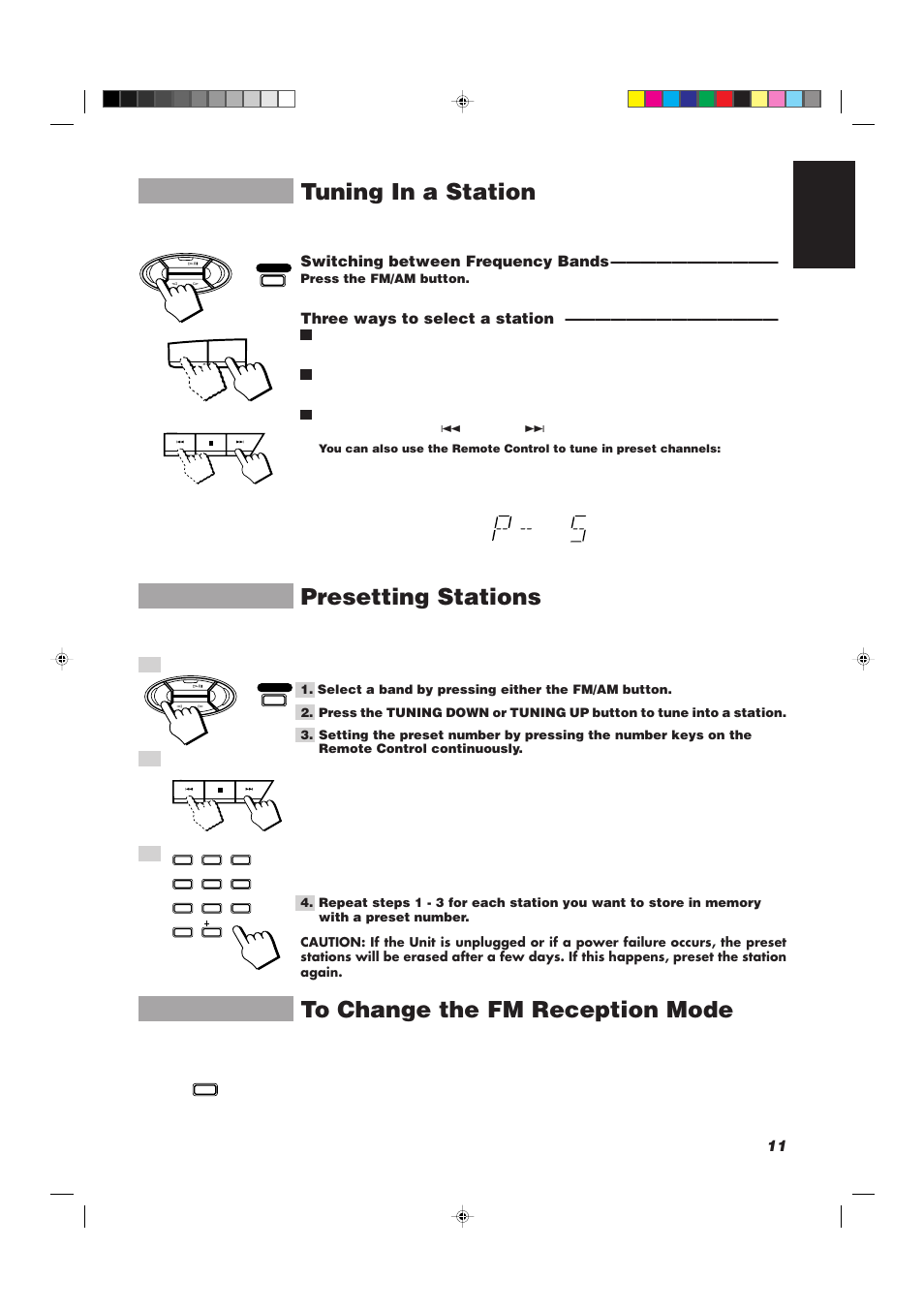 Tuning in a station, Presetting stations, 11 english | Switching between frequency bands, Three ways to select a station, Press the fm/am button | JVC CA-D501T User Manual | Page 15 / 37