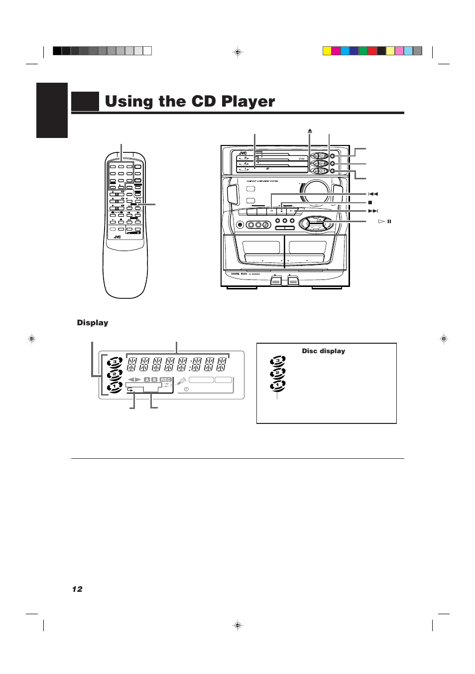 Using the cd player, 12 english, Display | Compact digital audio, Min max, Disc display, Cd player control buttons number keys | JVC CA-D501T User Manual | Page 16 / 37