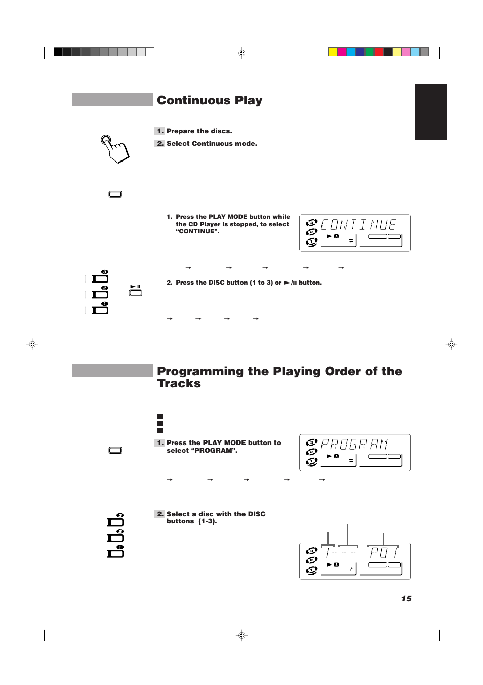 Continuous play, Programming the playing order of the tracks, 15 english | JVC CA-D501T User Manual | Page 19 / 37