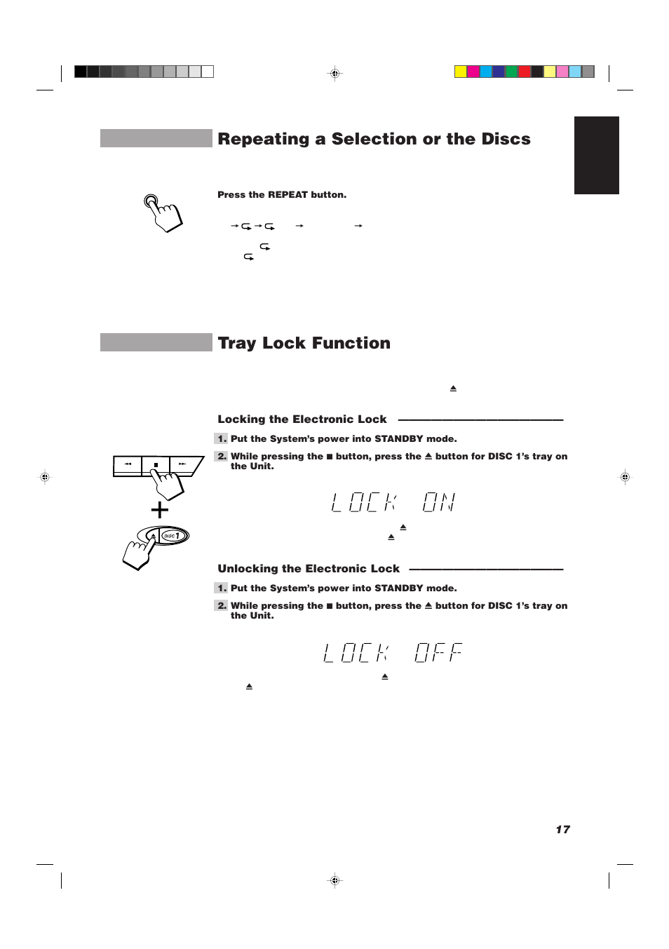 Repeating a selection or the discs, Tray lock function, 17 english | Locking the electronic lock, Unlocking the electronic lock | JVC CA-D501T User Manual | Page 21 / 37