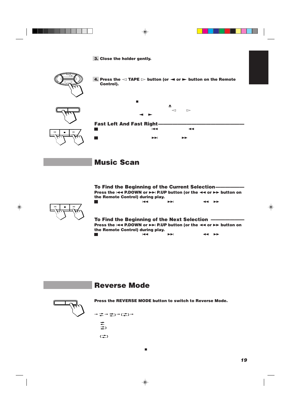 Music scan, Reverse mode, 19 english | Fast left and fast right | JVC CA-D501T User Manual | Page 23 / 37