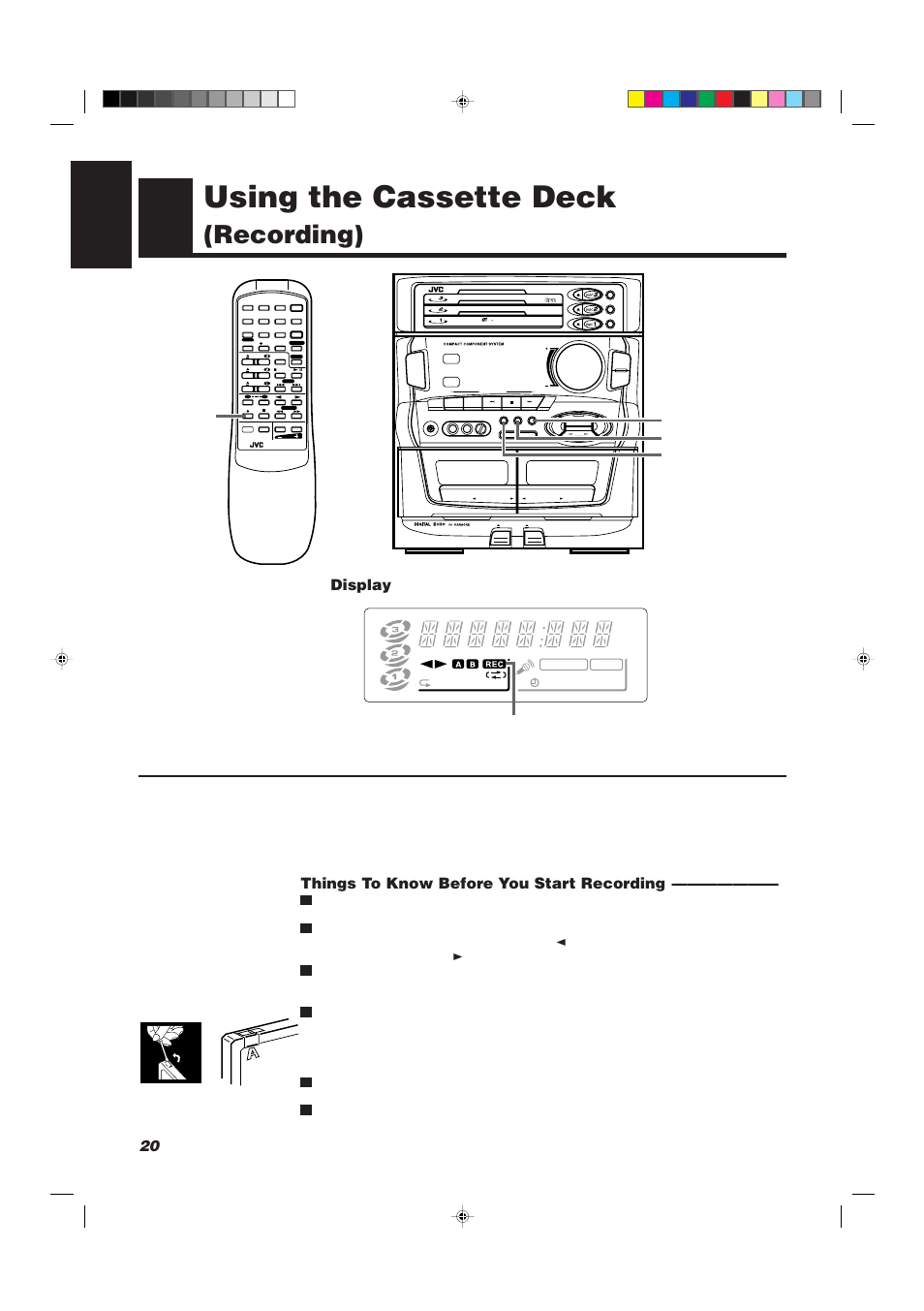 Using the cassette deck, Recording), 20 english | Things to know before you start recording, Display, Compact digital audio, Min max, Cd rec start rec start/stop dubbing | JVC CA-D501T User Manual | Page 24 / 37