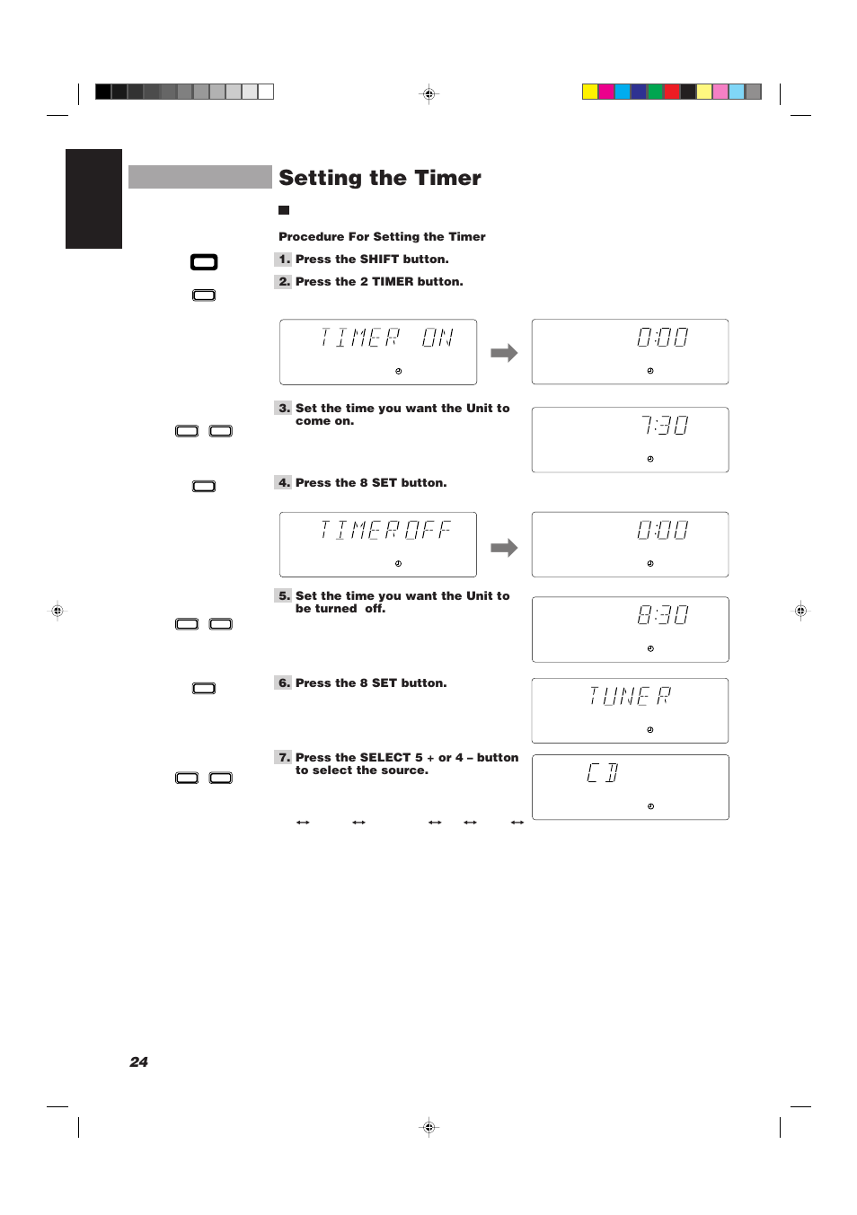 Setting the timer, 24 english | JVC CA-D501T User Manual | Page 28 / 37