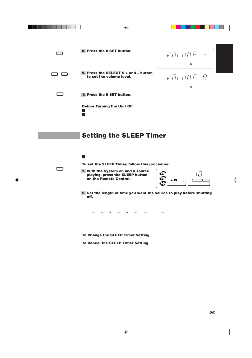 Setting the sleep timer, 25 english | JVC CA-D501T User Manual | Page 29 / 37
