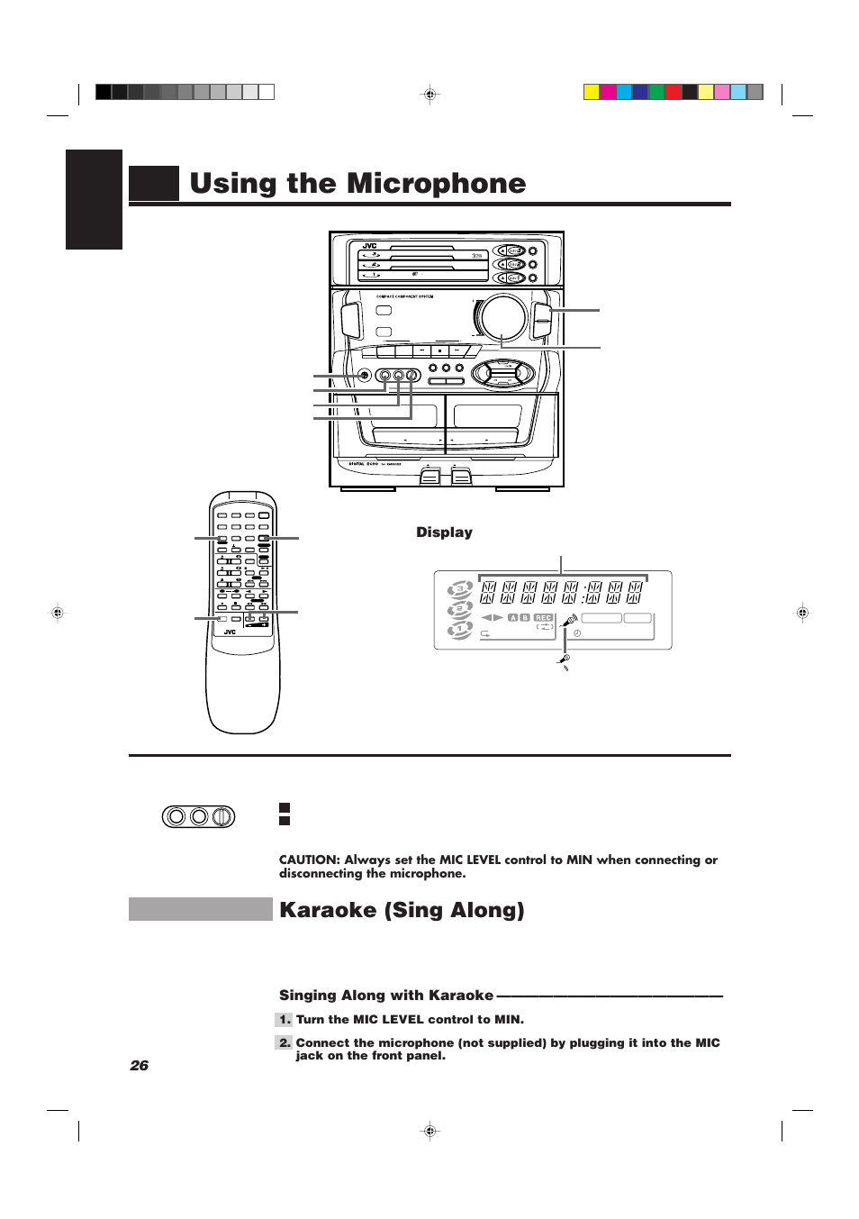 Using the microphone, Karaoke (sing along), 26 english | Display, Singing along with karaoke, Compact digital audio, Min max, Sound mode volume | JVC CA-D501T User Manual | Page 30 / 37