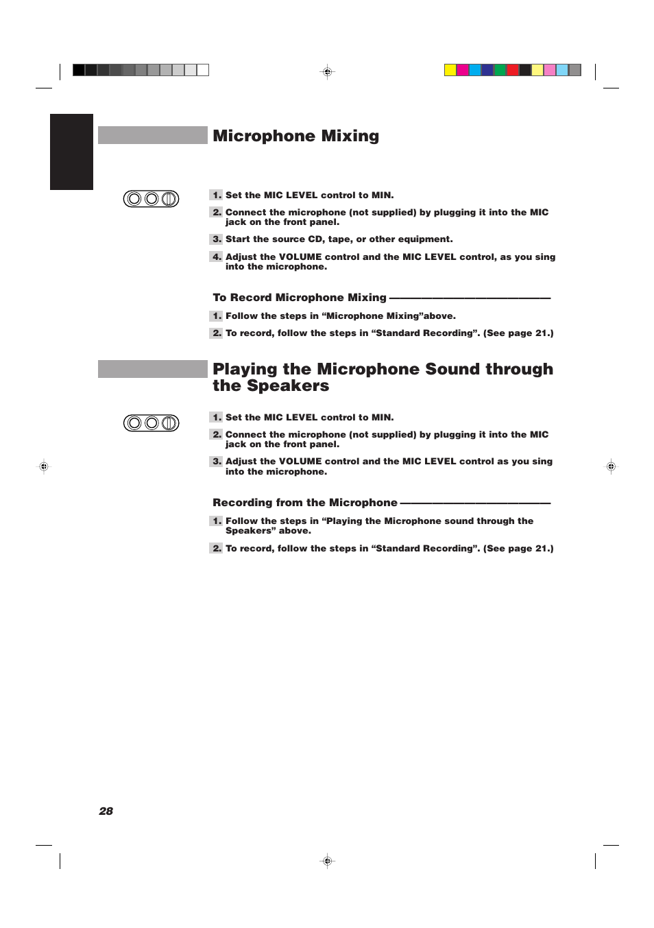 Microphone mixing, Playing the microphone sound through the speakers, 28 english | Recording from the microphone | JVC CA-D501T User Manual | Page 32 / 37