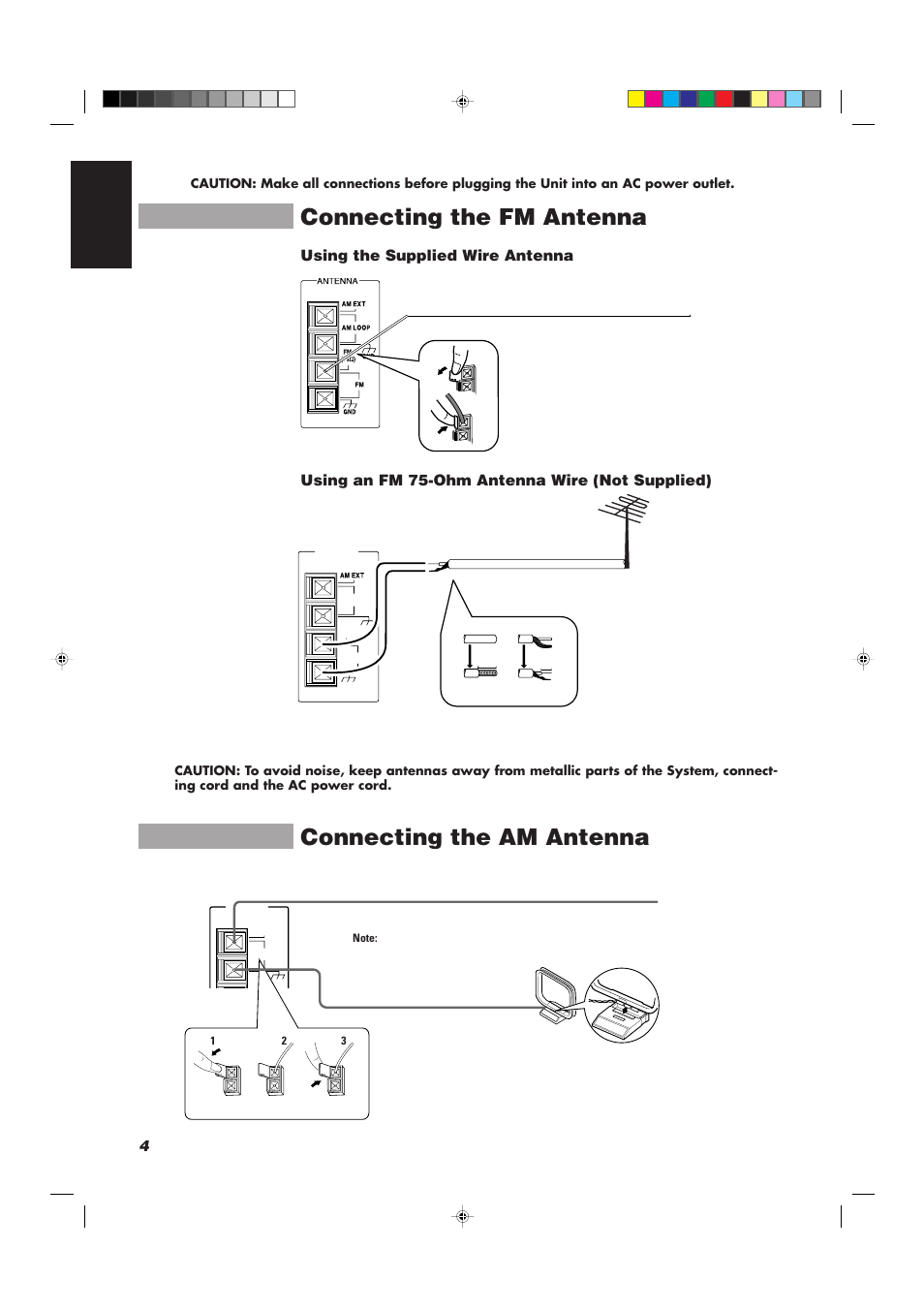 Connecting the fm antenna, Connecting the am antenna, 4english | Using the supplied wire antenna, Using an fm 75-ohm antenna wire (not supplied) | JVC CA-D501T User Manual | Page 8 / 37