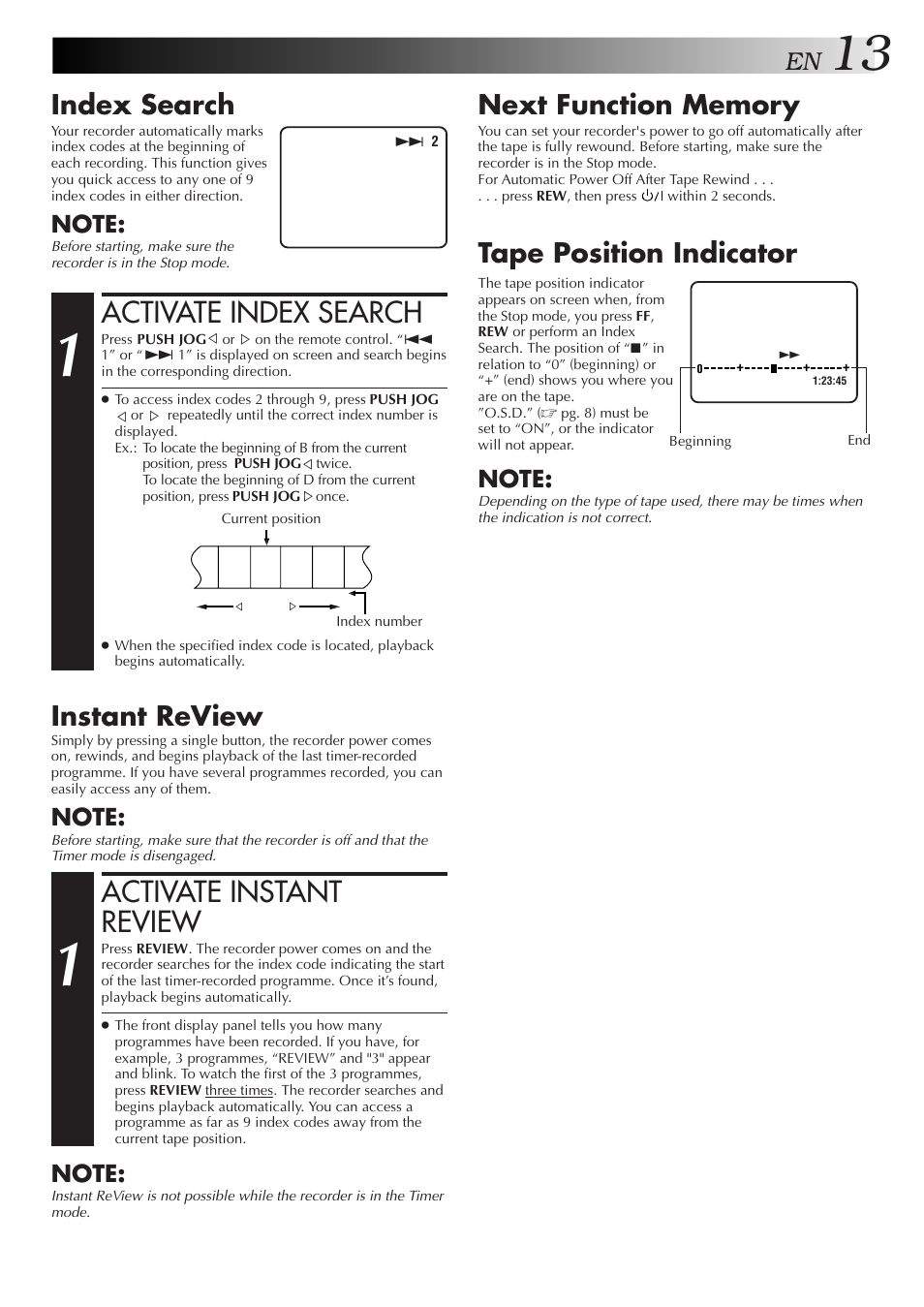 Activate index search, Activate instant review, Index search | Instant review, Tape position indicator | JVC HR-J255SA User Manual | Page 13 / 44