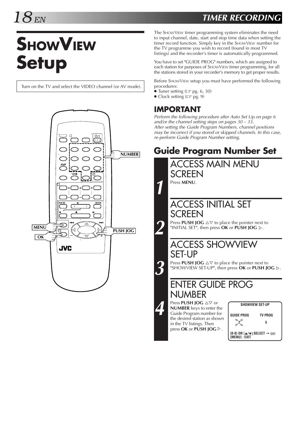 Setup, Access main menu screen, Access initial set screen | Access showview set-up, Enter guide prog number, Timer recording, Guide program number set, Important | JVC HR-J255SA User Manual | Page 18 / 44