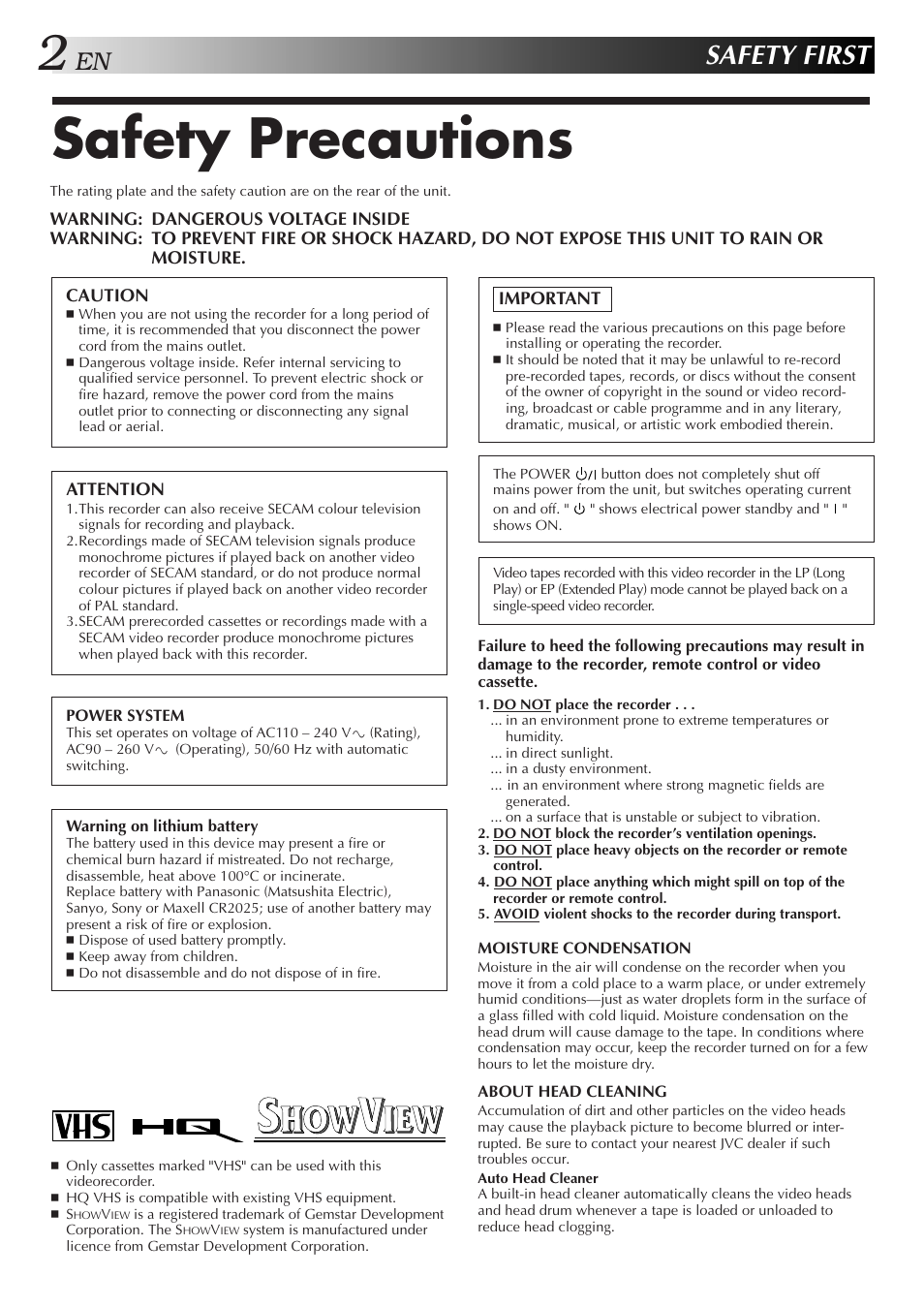 Safety precautions, Safety first | JVC HR-J255SA User Manual | Page 2 / 44