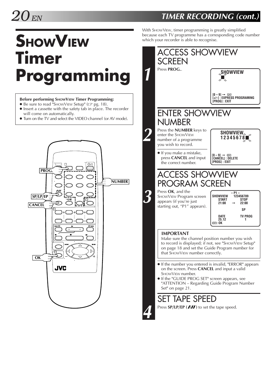 Timer programming, Access showview screen, Enter showview number | Access showview program screen, Set tape speed, Timer recording (cont.) | JVC HR-J255SA User Manual | Page 20 / 44