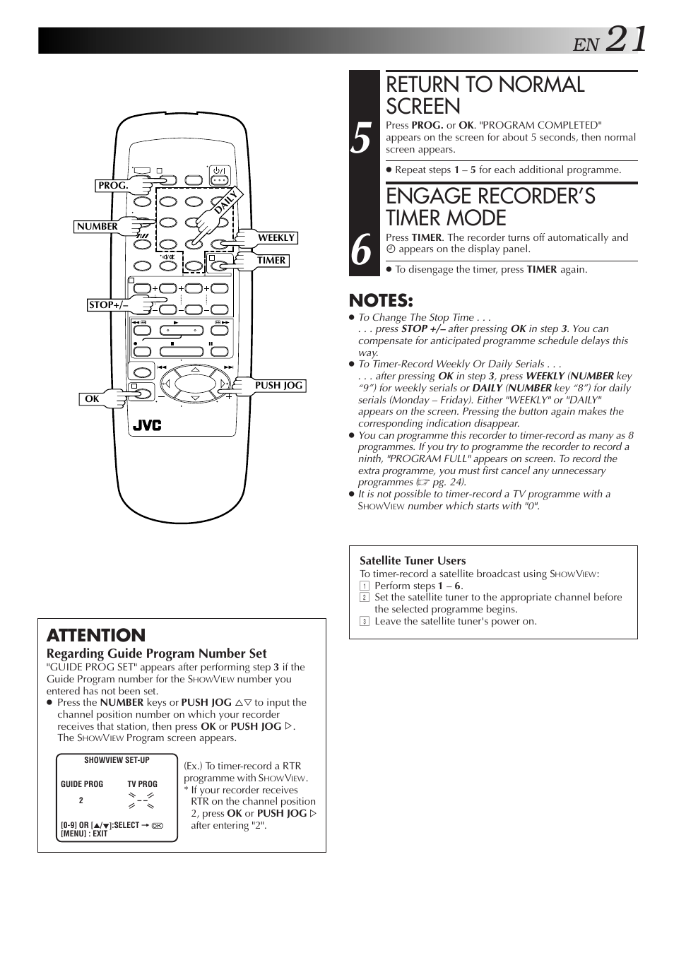 Return to normal screen, Engage recorder’s timer mode, Attention | JVC HR-J255SA User Manual | Page 21 / 44