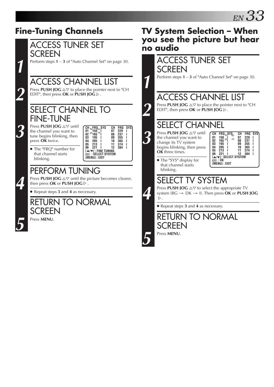 Access tuner set screen, Access channel list, Select channel to fine-tune | Perform tuning, Return to normal screen, Select channel, Select tv system, Fine-tuning channels | JVC HR-J255SA User Manual | Page 33 / 44