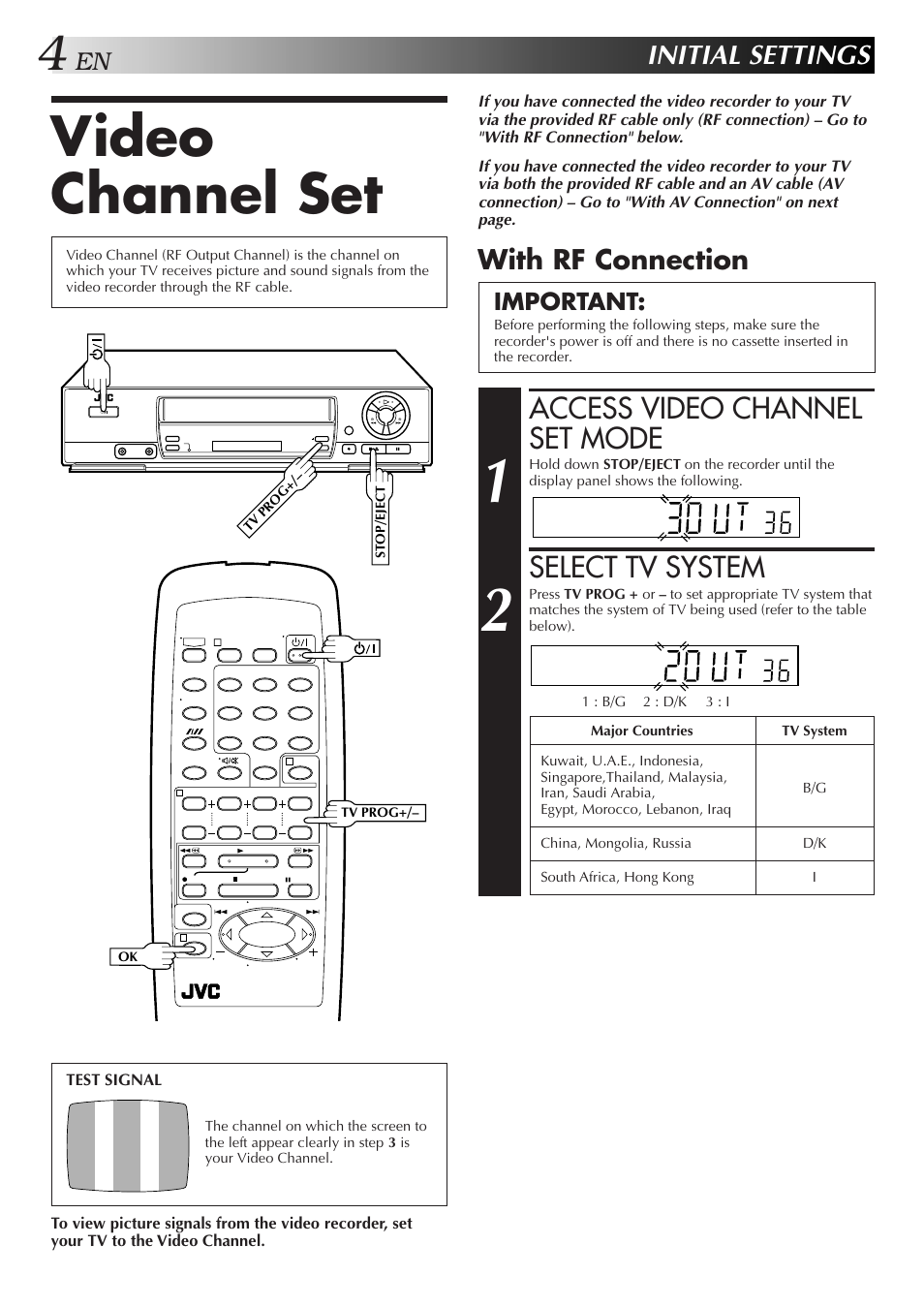 Video channel set, Access video channel set mode, Select tv system | Initial settings, With rf connection, Important | JVC HR-J255SA User Manual | Page 4 / 44