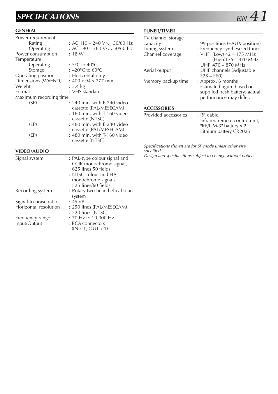 Specifications | JVC HR-J255SA User Manual | Page 41 / 44