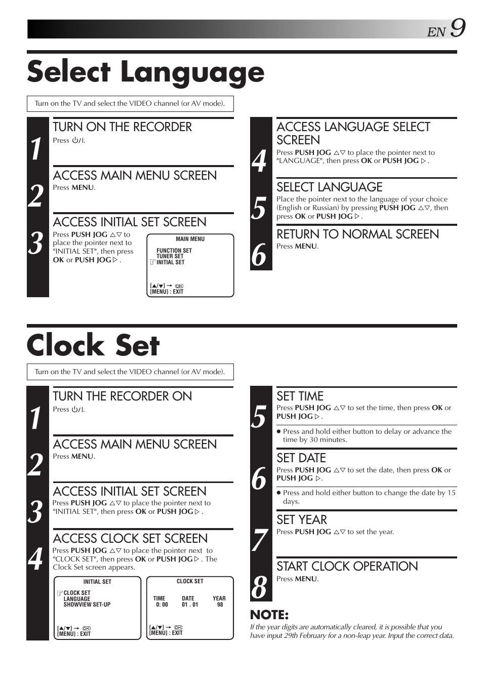 Select language, Clock set | JVC HR-J255SA User Manual | Page 9 / 44