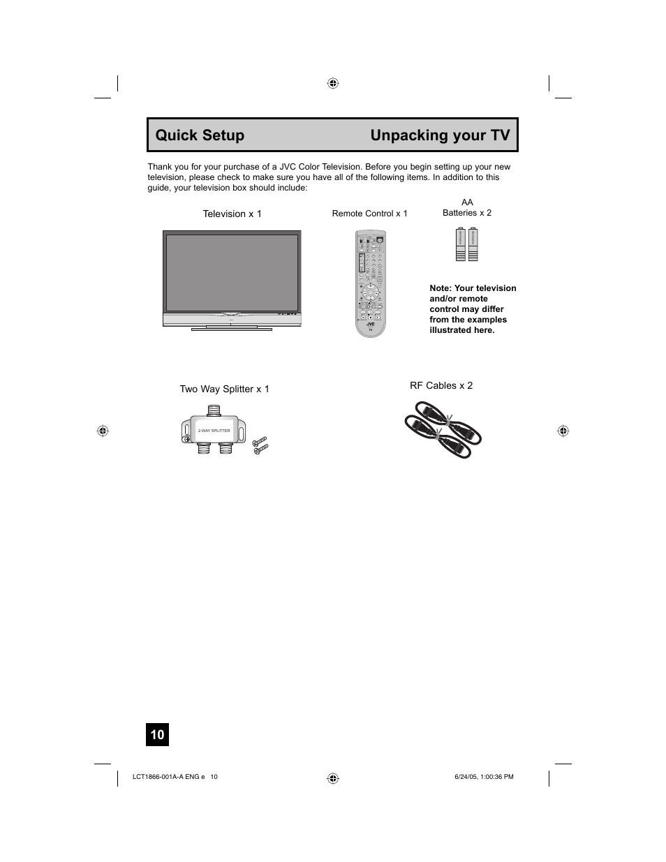 Quick setup unpacking your tv | JVC HD-52G786 User Manual | Page 10 / 97